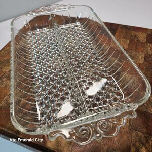 Vtg Clear Anchor Hocking Hobnail & Ray Divided Dish Led Glass Trinket Catch All